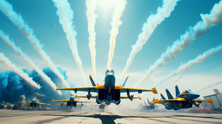 Airplanes on airshow. Aerobatic team performing flight at air show, drawing lines on blue sky.の素材