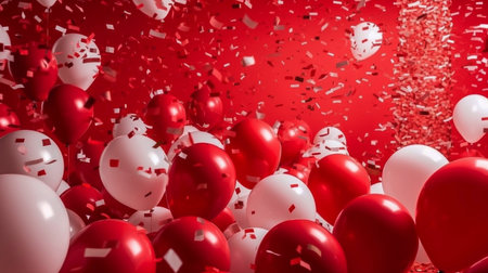 White and red balloons in red isolated background with confettiの素材