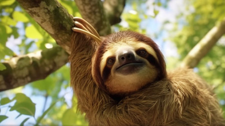 Cute sloth hanging on tree branch with funny face look, perfect portrait of wild animal in the Rainforestの素材