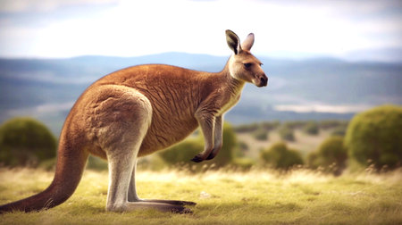 Red Kangaroo standing up in grasslands in the national parkの素材