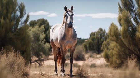 Horse standing in high grass, long mane, brown horse galloping, brown horse standing in high grass in sunset light, yellow and green backgroundの素材