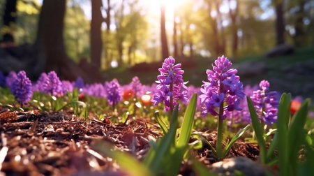 Spring glade in forest with flowering pink and purple hyacinths in sunny day in nature. Colorful natural spring landscape with with flowers, soft selective focus.の素材
