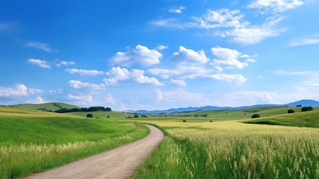 Beautiful summer rural natural landscape with fields young wheat, blue sky with clouds. Warm fresh morning and road stretching into distance. Panorama of spacious hilly area.の素材