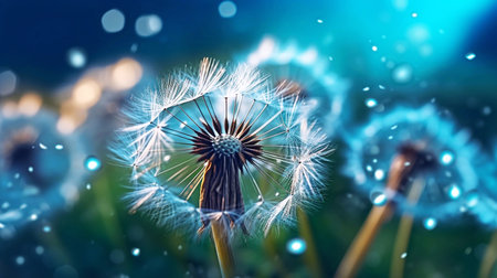 Beautiful shiny dew water drop on dandelion seed in nature macro. Soft selective focus, sparkling bokeh. Dark blue green background.の素材