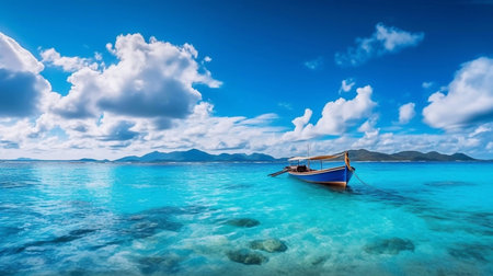 Beautiful summer landscape of tropical island with boat in ocean. Blue sky and bright sun. Transition of sandy beach into turquoise water.の素材