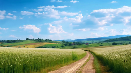 Beautiful summer rural natural landscape with fields young wheat, blue sky with clouds. Warm fresh morning and road stretching into distance. Panorama of spacious hilly area.の素材
