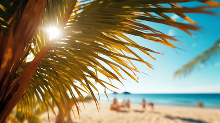 Beautiful natural tropical panoramic landscape with white sand, a palms tree bowed to the water and green vegetation. Turquoise ocean on background blue sky with clouds on sunny suの素材