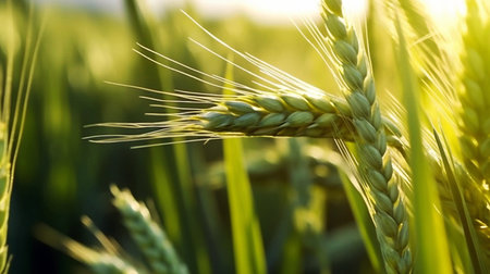 Close up of wheat ears growing in a field. Selective focus.の素材