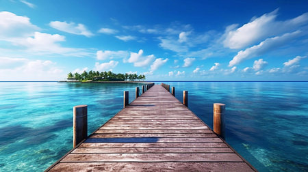 Wooden jetty over turquoise sea and blue sky with cloudsの素材
