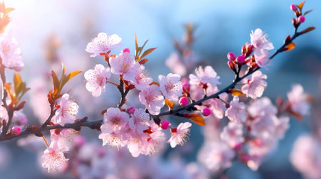 Spring banner, branches of blossoming cherry against background of blue skyの素材