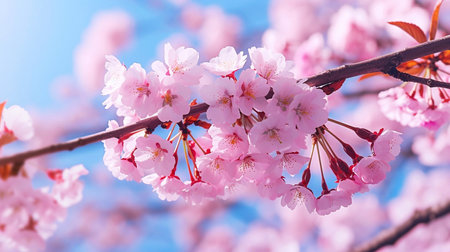 Spring banner, branches of blossoming cherry against background of blue skyの素材