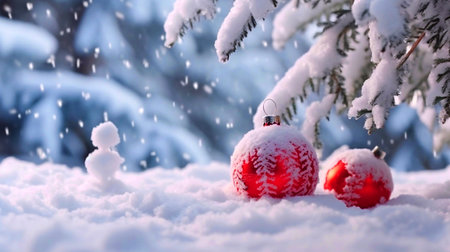 Beautiful Festive Christmas snowy background with Christmas tree decorated with red ballsの素材