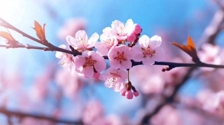 Spring banner, branches of blossoming cherry against background of blue skyの素材