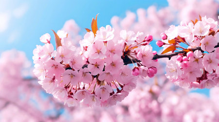 Spring banner, branches of blossoming cherry against background of blue skyの素材