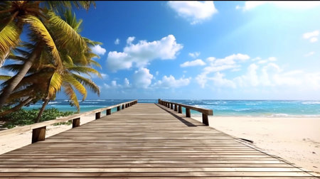 Wooden pier on tropical beach with palm trees and blue sky backgroundの素材