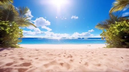 Beautiful natural tropical panoramic landscape with white sand, a palms tree bowed to the water and green vegetation. Turquoise ocean on background blue sky with clouds on sunny suの素材
