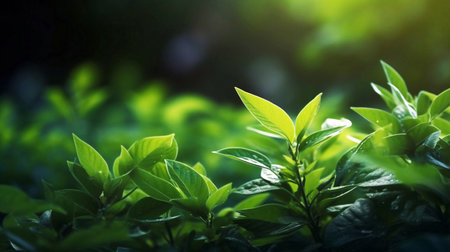 Natural background border with fresh juicy leaves with soft focus outdoors in nature, wide format, copy space, atmospheric image in soothing muted dark green tones.の素材