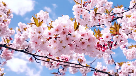 Spring banner, branches of blossoming cherry against background of blue skyの素材