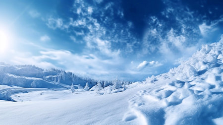 Winter snow background with snowdrifts, beautiful light and snow flakes on blue sky, beautiful bokeh circlesの素材