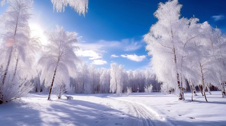 Beautiful winter landscape forest glade with snow-covered tree in hoarfrost. Untouched pure white snow in driftsの素材