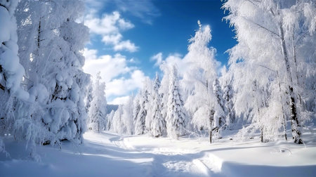 Beautiful winter landscape forest glade with snow-covered tree in hoarfrost. Untouched pure white snow in driftsの素材