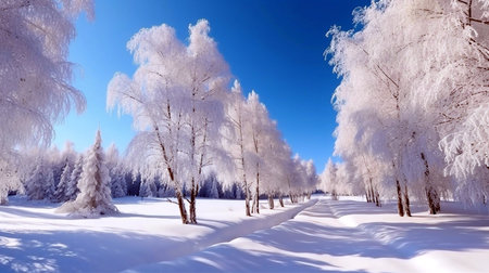 Beautiful winter landscape forest glade with snow-covered tree in hoarfrost. Untouched pure white snow in driftsの素材