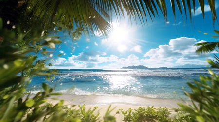 Beautiful natural tropical panoramic landscape with white sand, a palms tree bowed to the water and green vegetation. Turquoise ocean on background blue sky with clouds on sunny suの素材