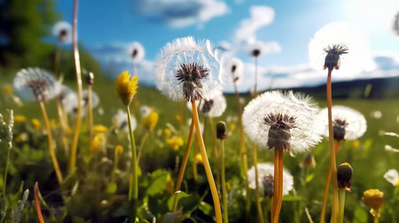 Lot of dandelions close-up on nature in spring against backdrop of summer lawn field and blue sky. The wind blows away seeds of dandelions on nature.の素材