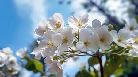 Beautiful floral spring abstract background of nature. Branches of blossoming cherries macro on a gentle light green background. For easter and spring greeting cards with copy spacの素材