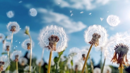 Lot of dandelions close-up on nature in spring against backdrop of summer lawn field and blue sky. The wind blows away seeds of dandelions on nature.の素材