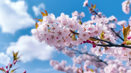 Spring banner, branches of blossoming cherry against background of blue skyの素材