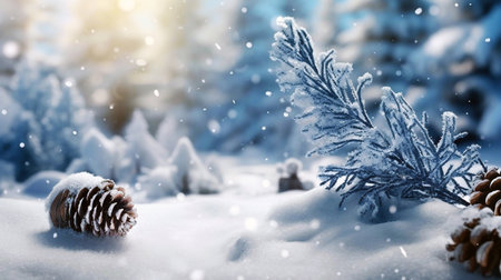 Beautiful branch with orange and yellow leaves in late autumn or early winter under the snow. The first snowfall, gentle blurred elegant romantic light background for design.の素材