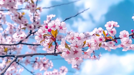 Spring banner, branches of blossoming cherry against background of blue skyの素材