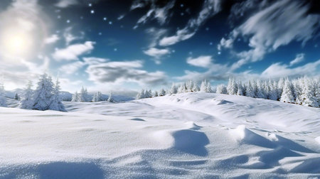 Winter snow background with snowdrifts, beautiful light and snow flakes on blue sky, beautiful bokeh circlesの素材