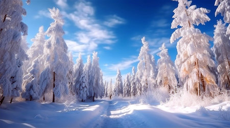 Beautiful winter landscape forest glade with snow-covered tree in hoarfrost. Untouched pure white snow in driftsの素材