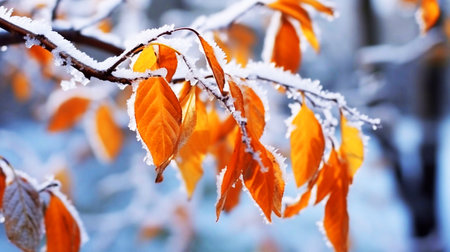 Autumn leaves on a branch in the snow, close-upの素材