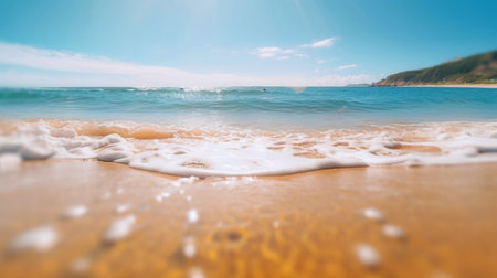 Beautiful panoramic seascape with surf waves against a blue sunny sky with clouds. Natural Mediterranean beach.の素材