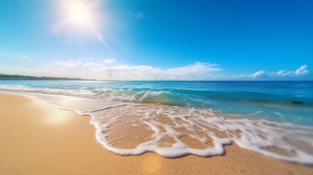 Beautiful panoramic seascape with surf waves against a blue sunny sky with clouds. Natural Mediterranean beach.の素材