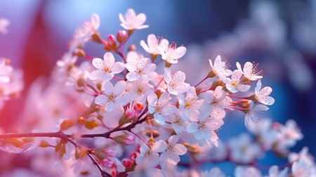 Spring banner, branches of blossoming cherry against background of blue skyの素材