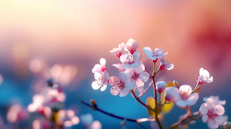 Spring banner, branches of blossoming cherry against background of blue skyの素材