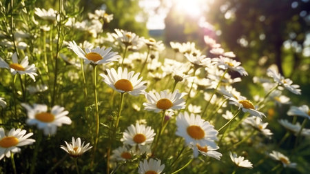 A beautiful, sun-drenched spring summer meadow. Natural colorful panoramic landscape with many wild flowers of daisies against blue sky.の素材