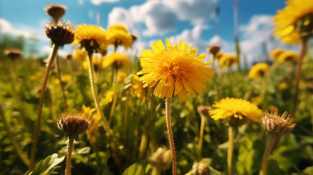 Beautiful flowers of yellow dandelions in nature in warm summer or spring on meadow in sunlight, macro.の素材
