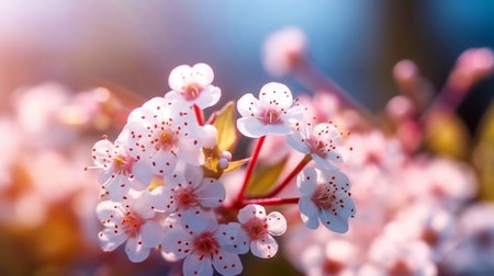 Spring banner, branches of blossoming cherry against background of blue skyの素材