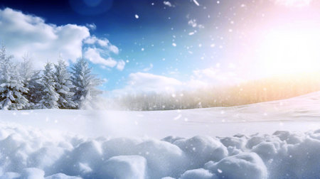 Winter snow background with snowdrifts, beautiful light and snow flakes on blue sky, beautiful bokeh circlesの素材