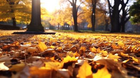 Panoramic beautiful autumn nature background with carpet of orange and yellow fallen maple leaves in sunlight.の素材