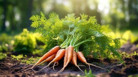 A bunch of fresh carrots with greens on the ground. Selective focus. Nature background.の素材