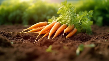 A bunch of fresh carrots with greens on the ground. Selective focus. Nature background.の素材