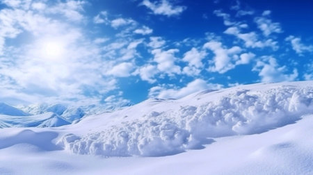 Winter snow background with snowdrifts, beautiful light and snow flakes on blue sky, beautiful bokeh circlesの素材