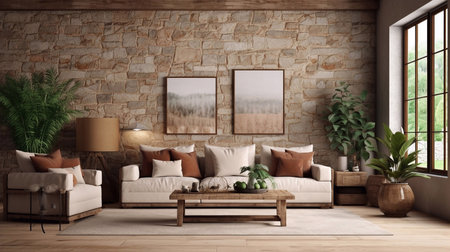 Living room interior in loft, industrial style, 3d renderの素材