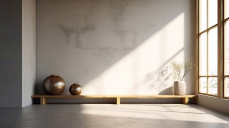 Minimalist living room interior design with wooden shelf and vases. 3D Renderingの素材
